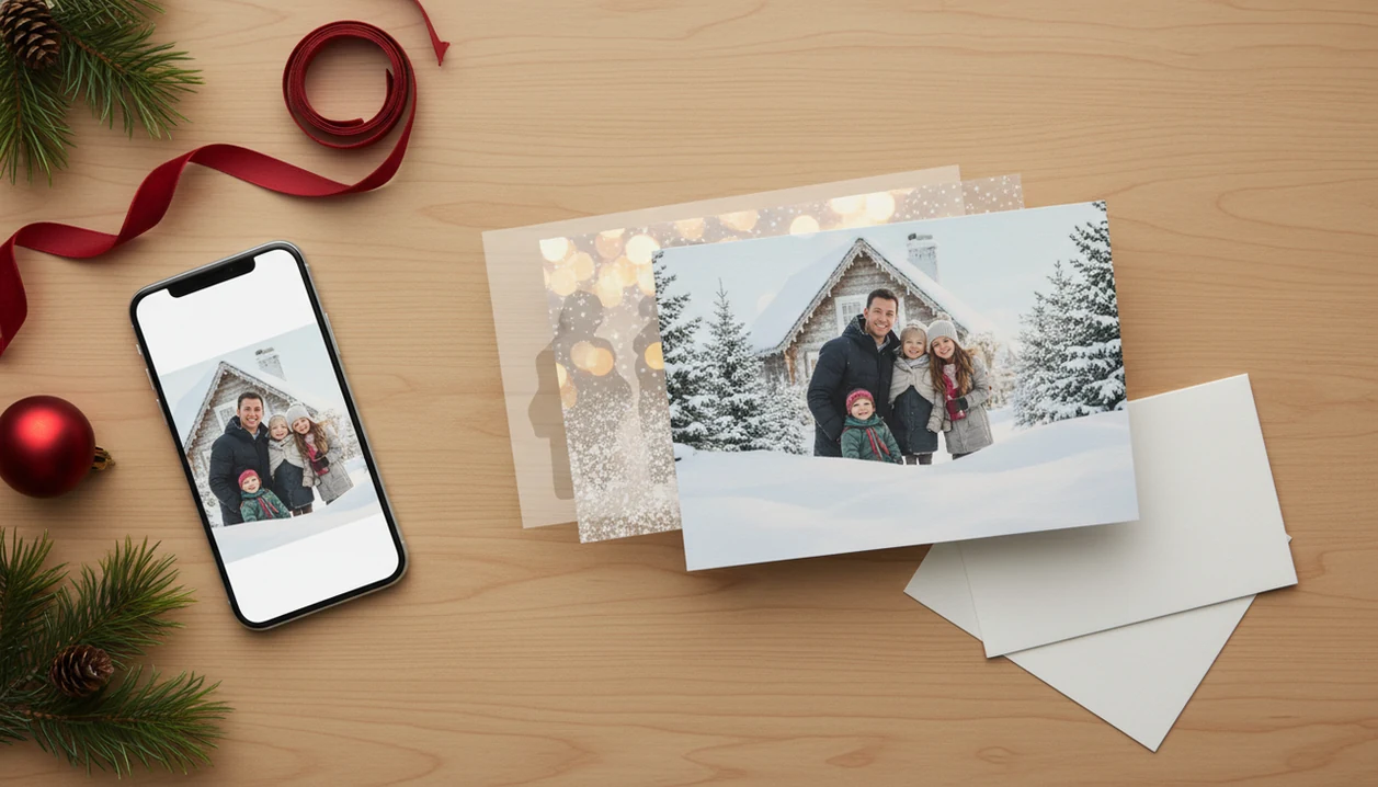 A phone photo becomes a finished Christmas card on a cozy desk with pine, ribbon, and cardstock.