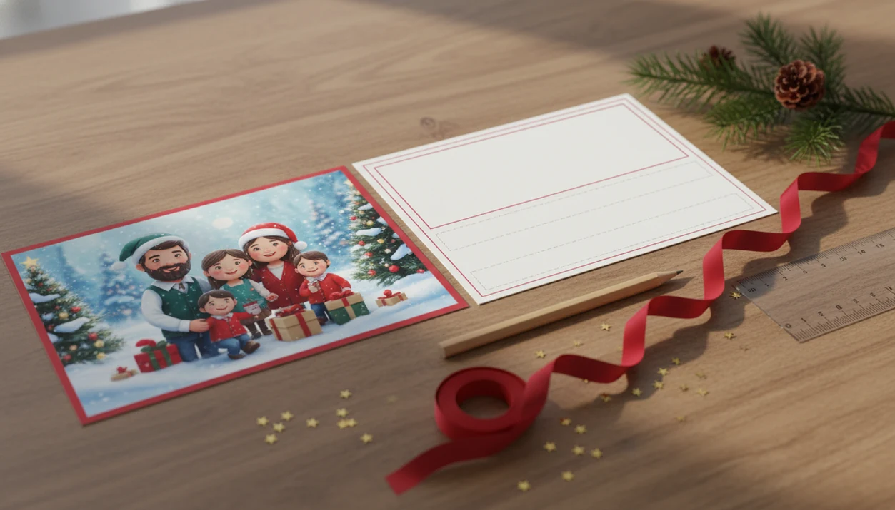 Two Christmas card concepts compare AI-styled imagery with a structured print template on a festive desk.