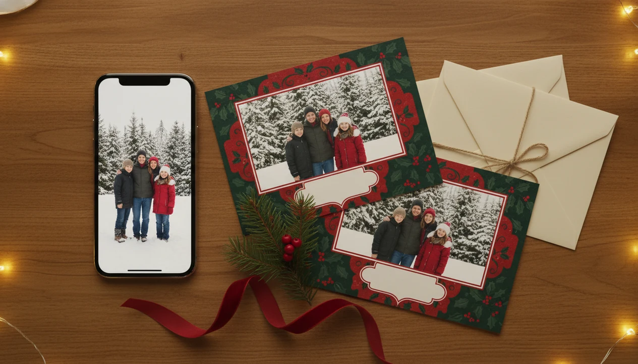 A phone photo sits beside printed Christmas cards, envelopes, ribbon, pine, and warm holiday lights.