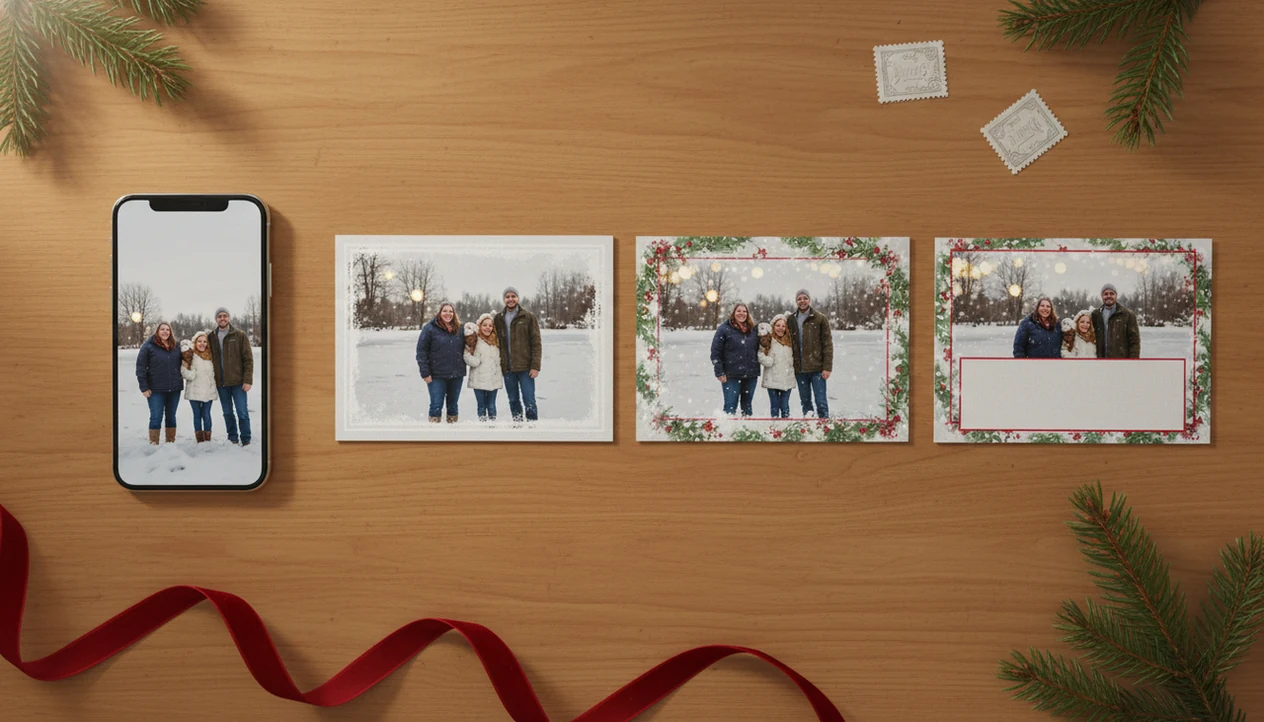 A phone photo is shown beside finished AI-style Christmas card prints on a festive desk.