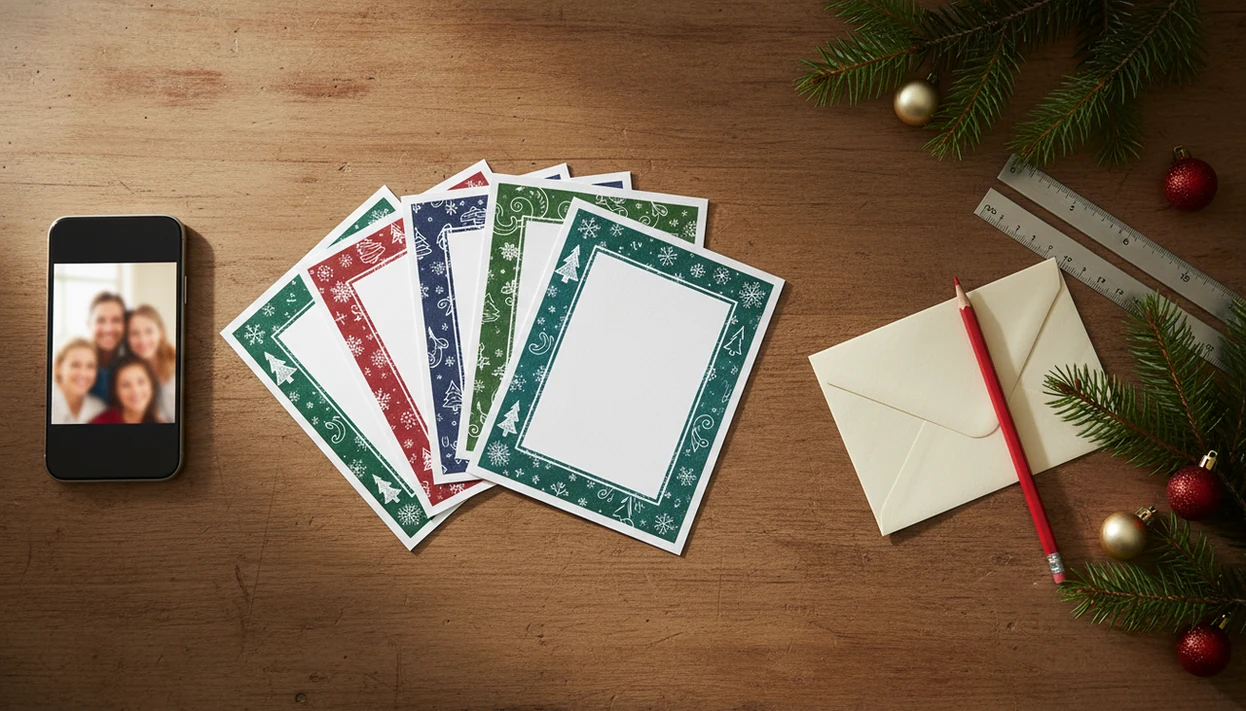 A phone photo, printed card proofs, envelopes, and holiday tools arranged on a warm wooden table.