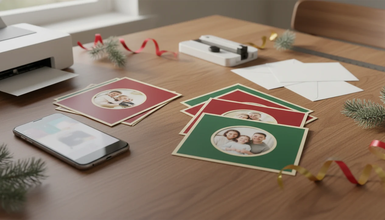 A phone, printed Christmas cards, envelopes, and holiday supplies arranged on a warm wooden table.