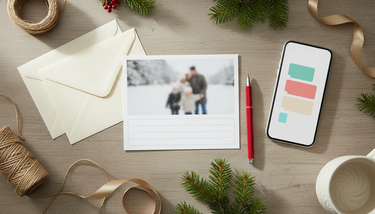 A holiday card workspace with a phone, envelopes, pen, pine sprigs, and an unfinished Christmas card message.