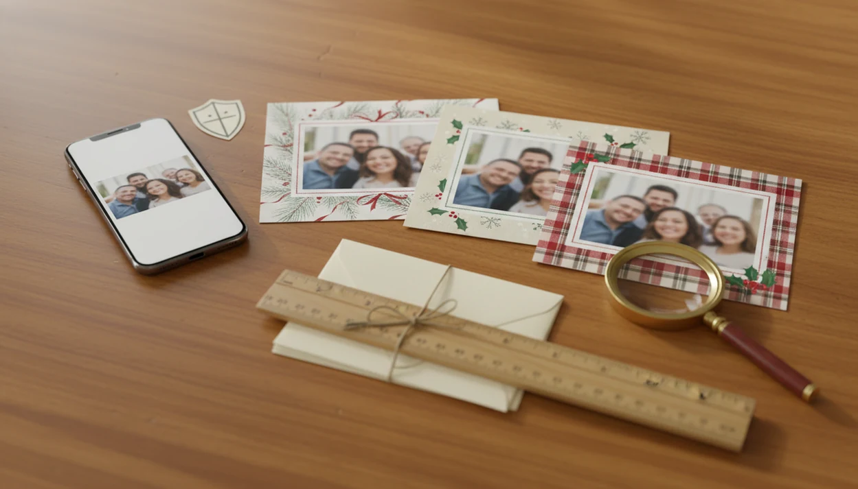 A phone photo beside printed Christmas card drafts, envelopes, and review tools on a wooden table.