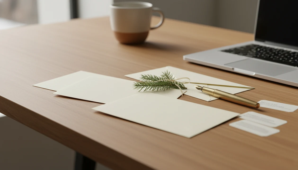 A tasteful business holiday card setup with blank cards, envelopes, pen, and evergreen on an office desk.