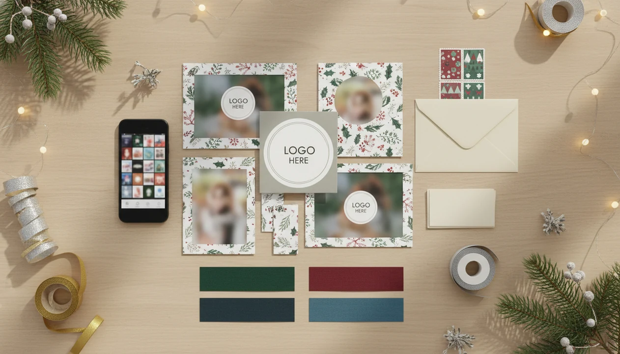 A small business desk with holiday card samples, envelopes, a phone, color swatches, and pine sprigs.