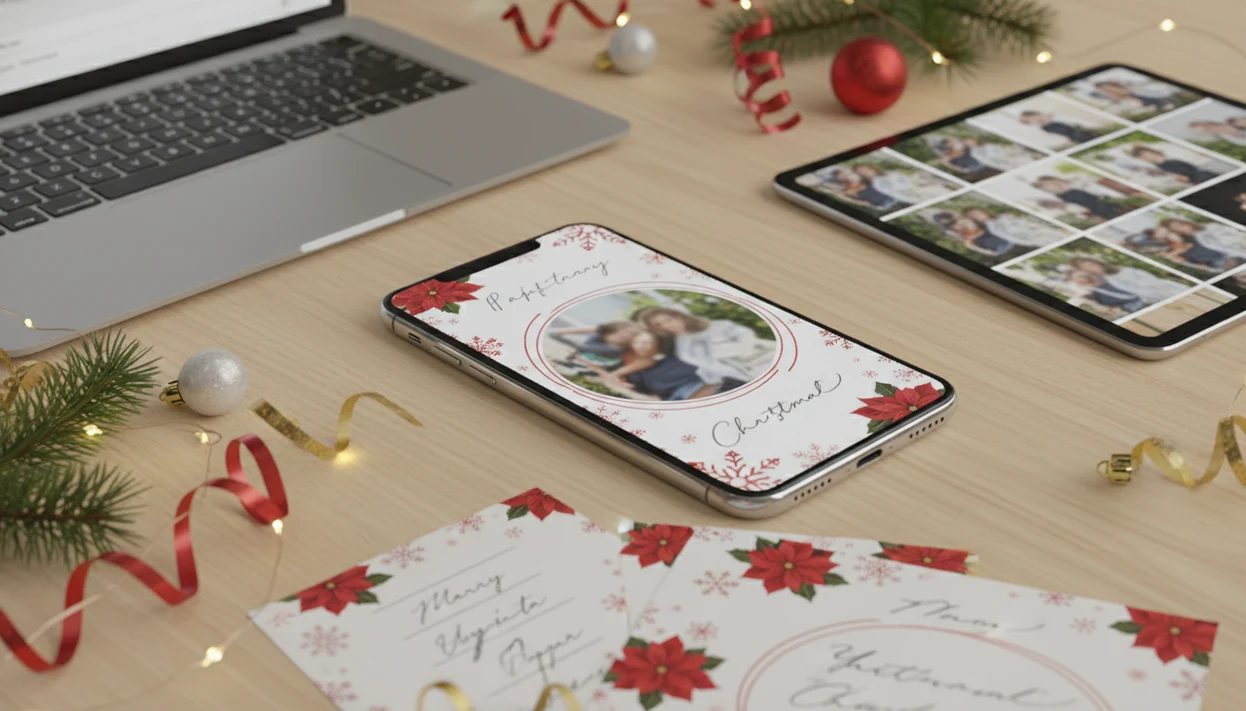 A holiday desk shows a phone Christmas card ready to share by email, text, social, or print.