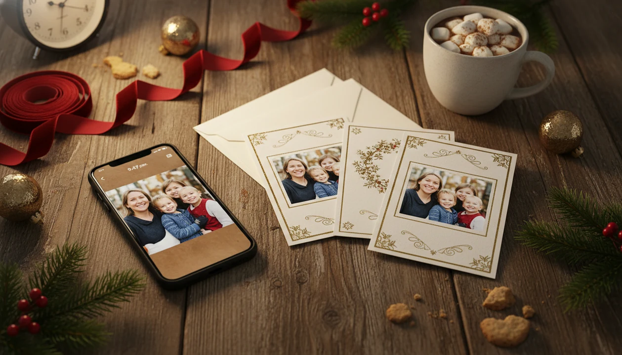 A phone photo sits beside finished family Christmas card prints on a cozy kitchen table.