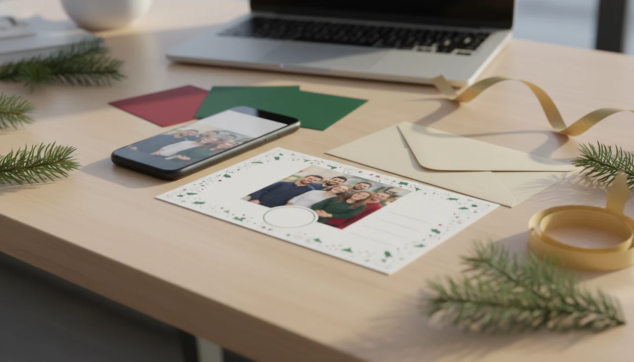 A business holiday card proof sits on a desk with a phone, color swatches, envelope, and festive greenery.