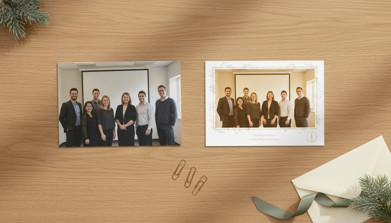 A desk flat lay shows a plain team photo beside a polished business holiday card version.