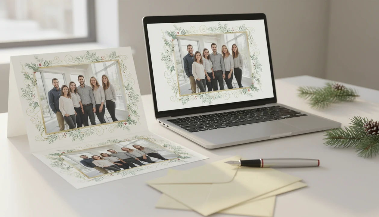 A printed business holiday card proof with a team photo sits beside a matching laptop preview on an office desk.