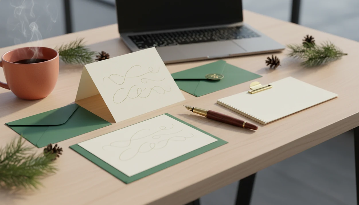 A polished desk arrangement with blank business holiday cards, envelopes, pen, and subtle evergreen accents.