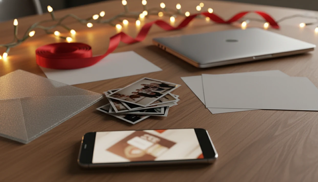 A phone, face-down photos, and holiday card materials arranged to suggest child photo privacy.