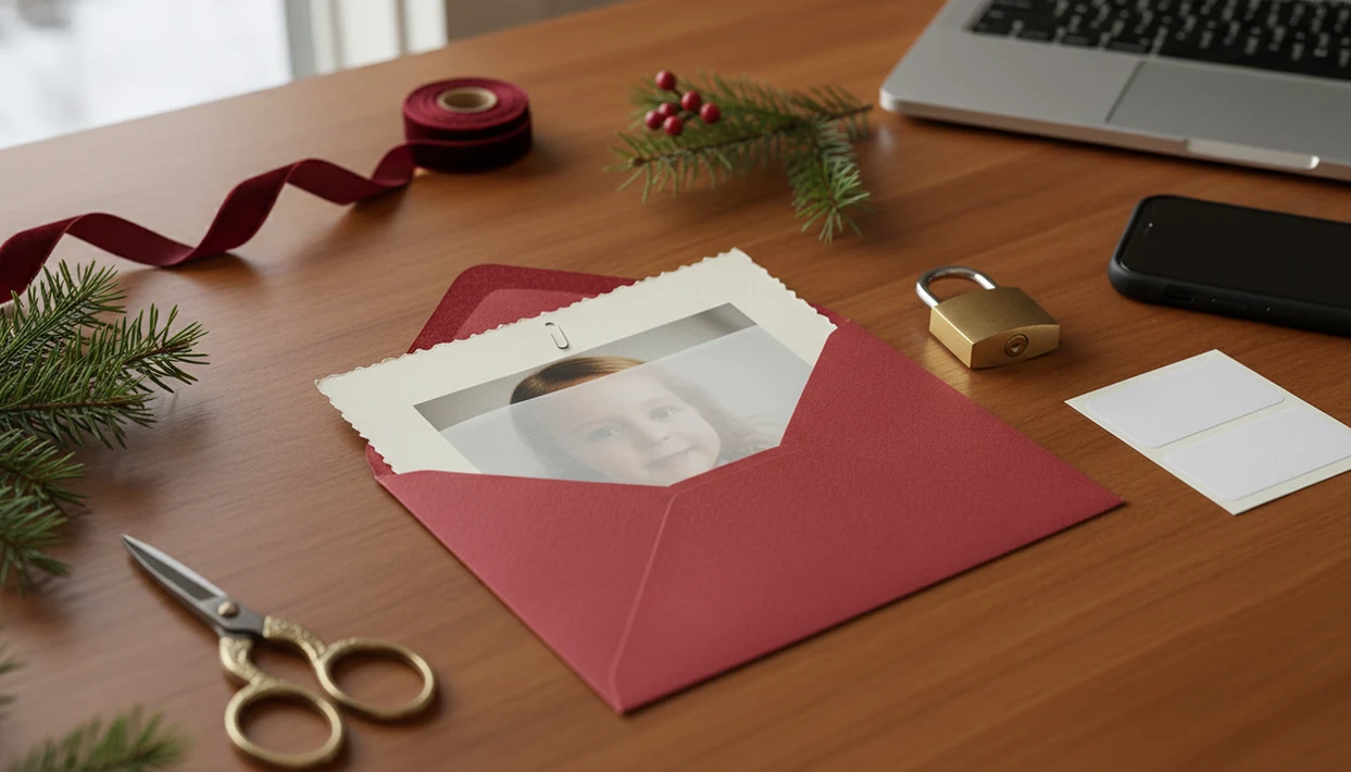 A blurred child holiday card proof is covered with vellum beside a padlock, phone, labels, and pine sprigs.