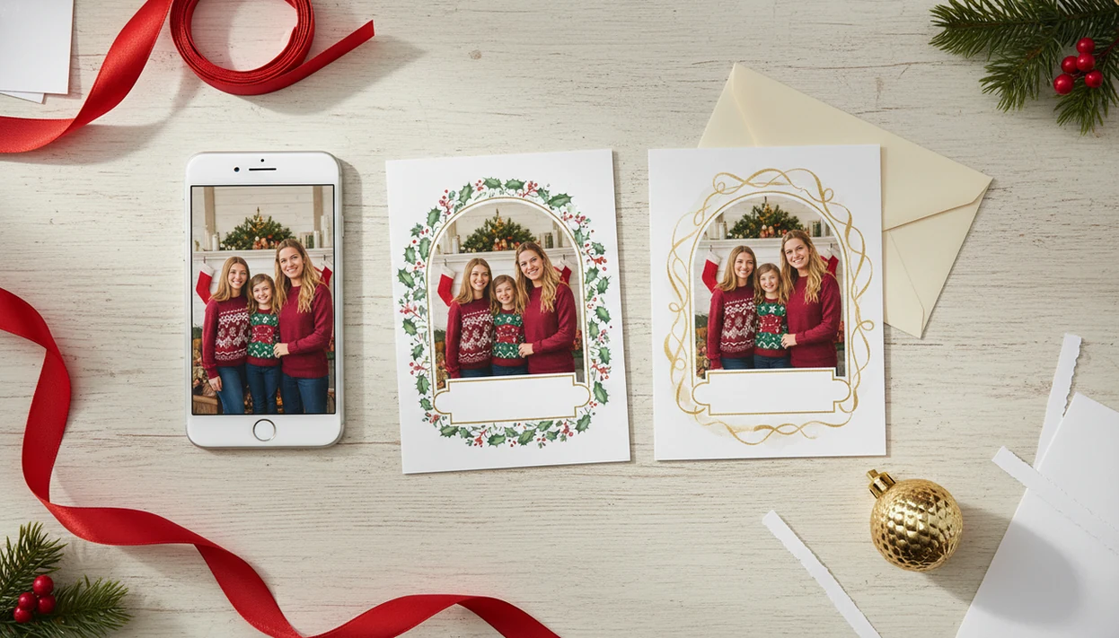 An iPhone beside printed Christmas cards, showing a phone photo turned into festive card designs.