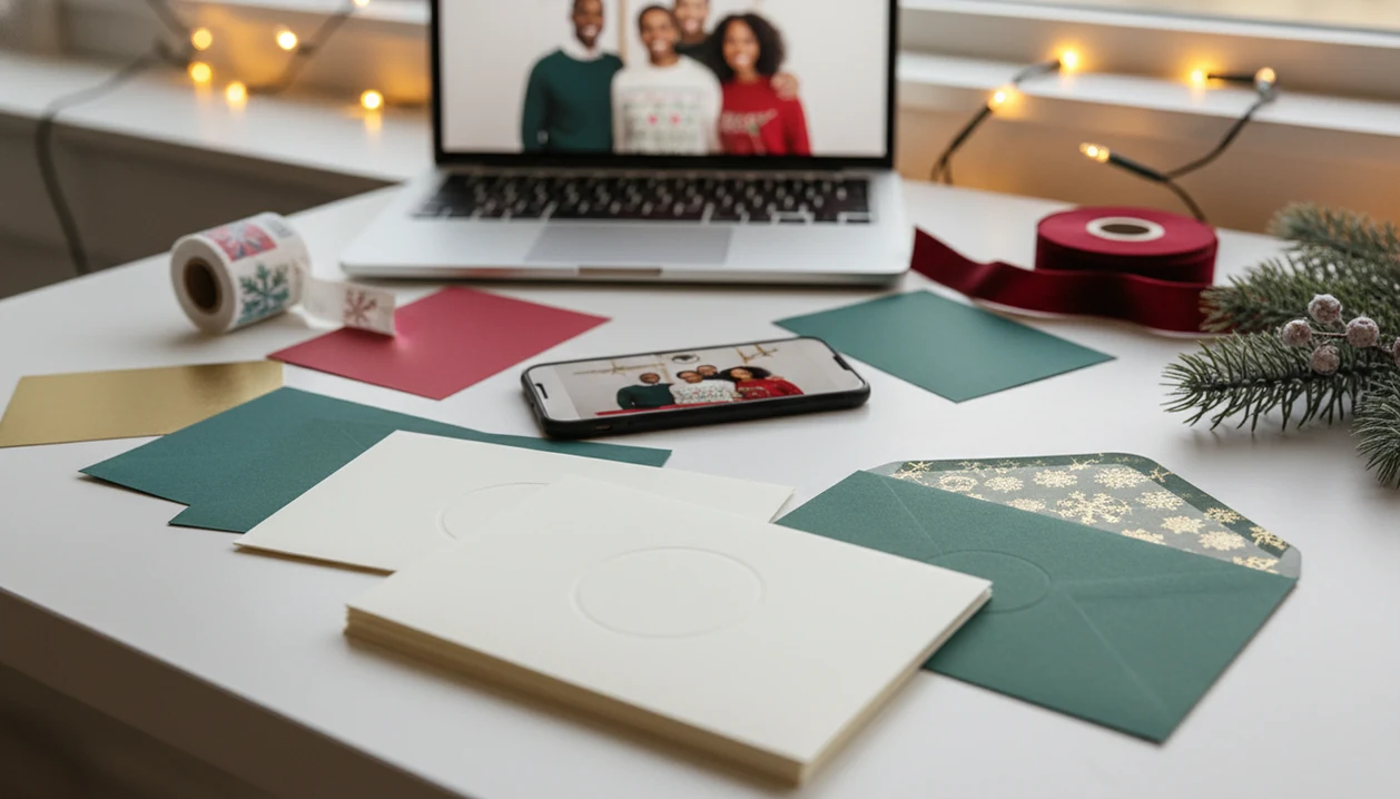 A small business worktable with holiday cards, envelopes, a phone photo, and festive supplies ready to send.