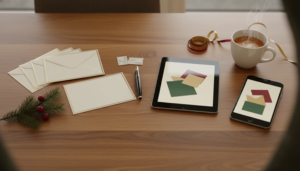 Printed Christmas cards and digital devices sit side by side on a festive holiday table.