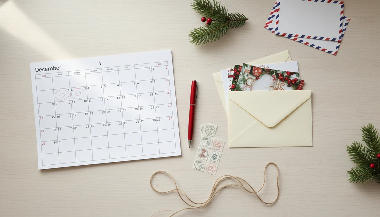 A holiday card mailing plan with blank calendar, envelopes, stamps, cards, and evergreen sprigs on a desk.
