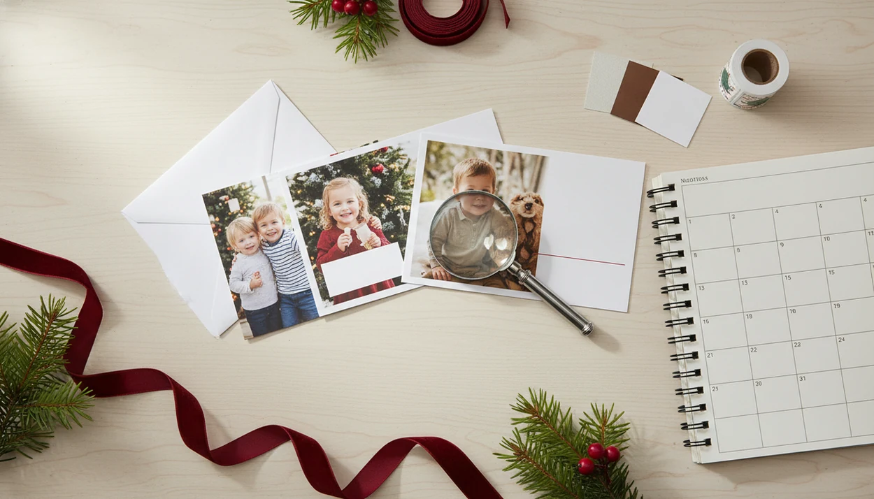 A holiday card proofing desk with blank cards, envelopes, paper samples, and a planner for print checks.