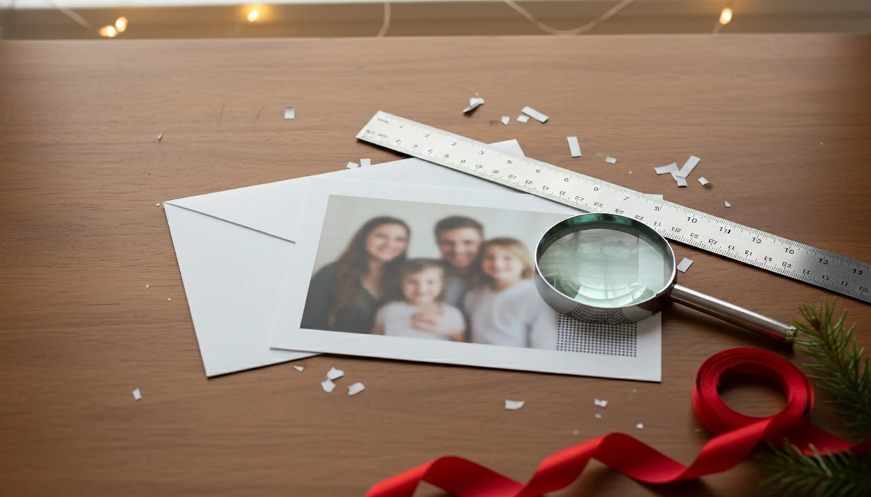 A desk setup compares sharp and soft Christmas card print details with a ruler and magnifying loupe.