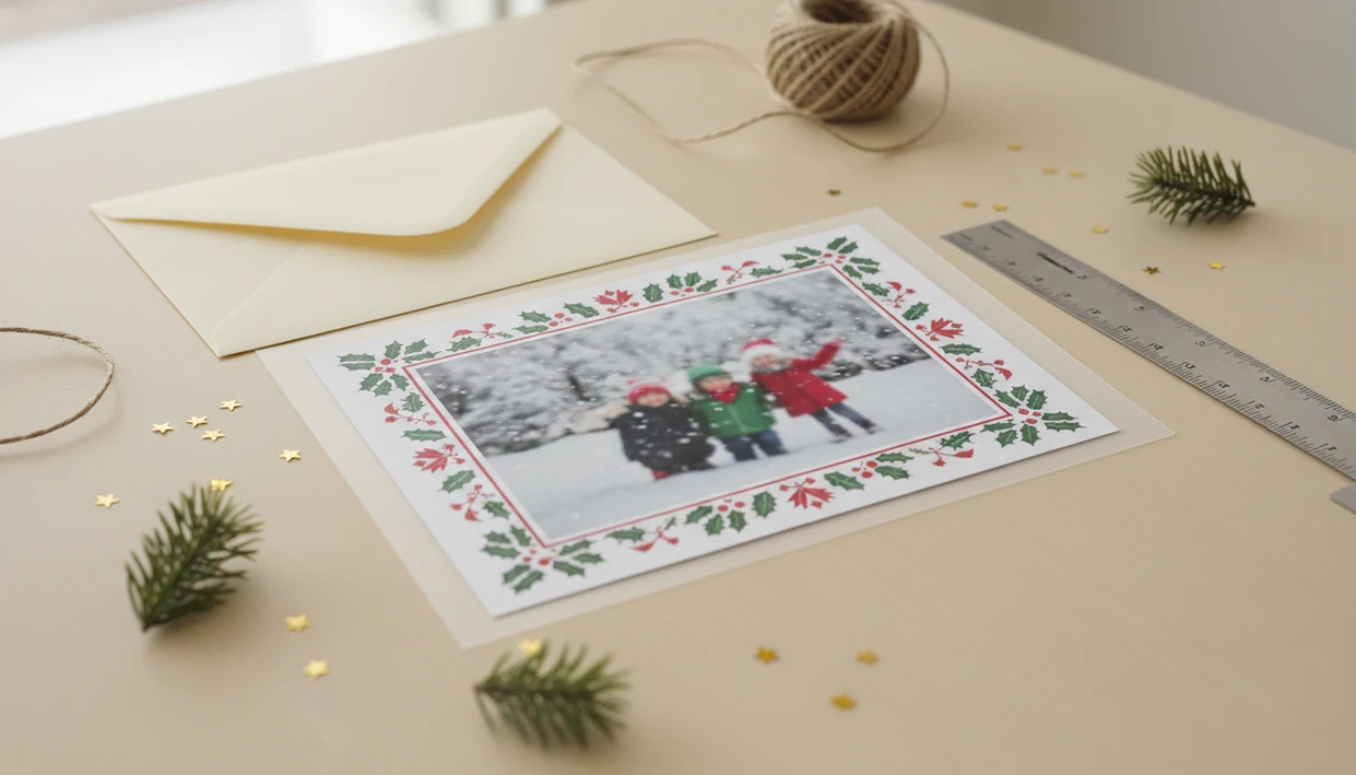 A 5x7 Christmas card layout sits on a desk with bleed edges, envelope, ruler, and festive greenery.