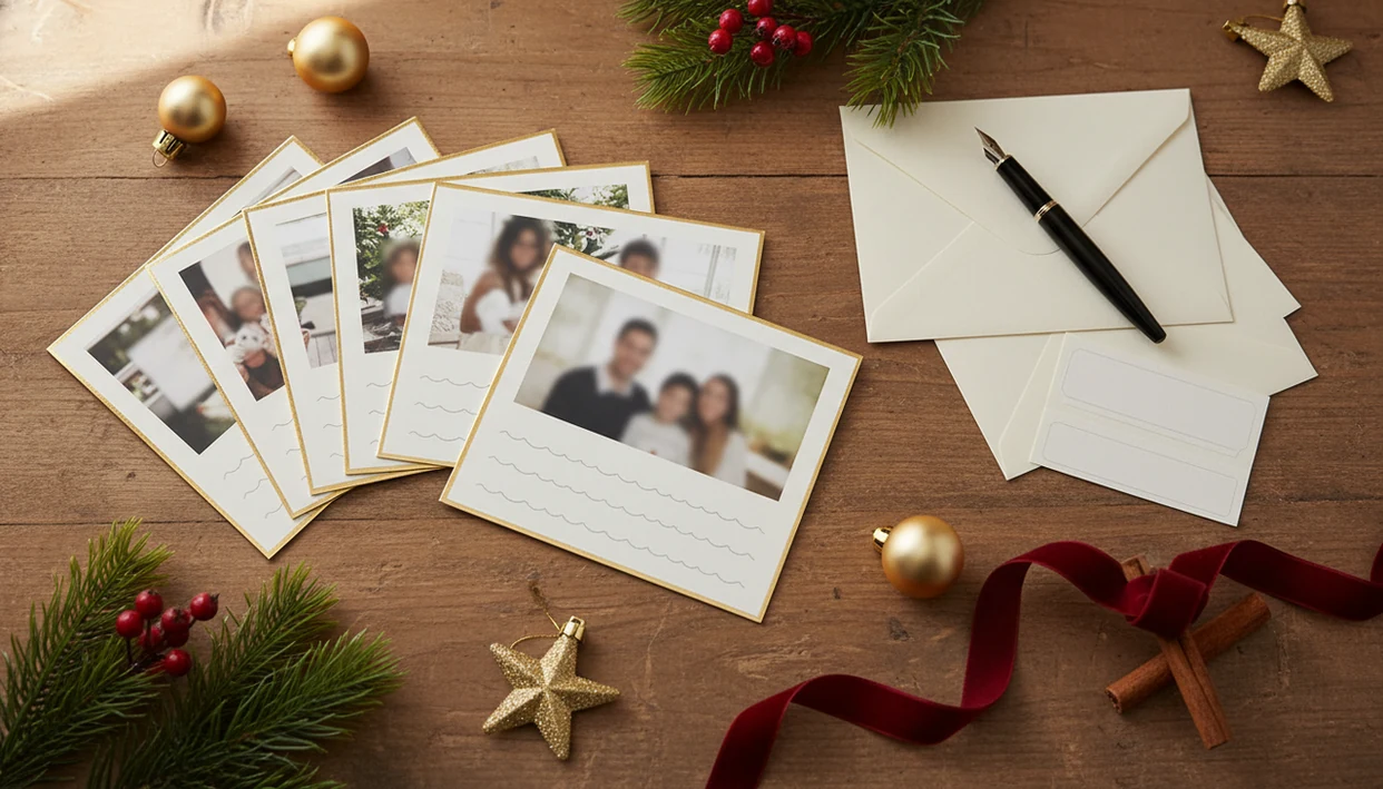 Christmas photo cards, envelopes, and a pen arranged with pine and ribbon on a wooden table.
