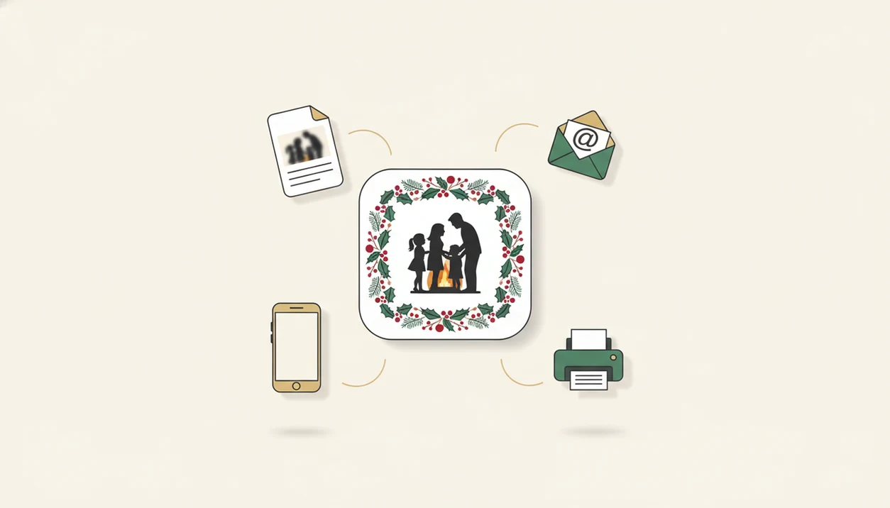 A finished Christmas card branches into digital files for phone sharing, email, and printing.