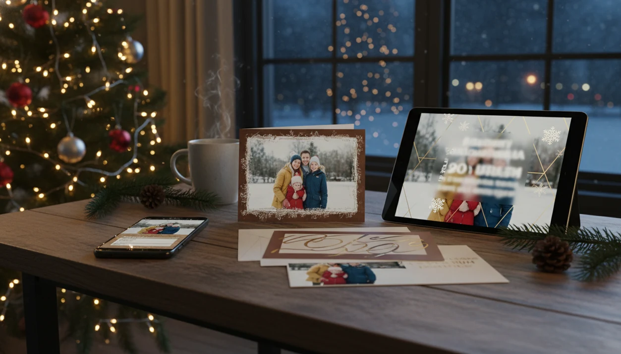 A phone, tablet, and card proofs show different festive versions of one family photo at night.