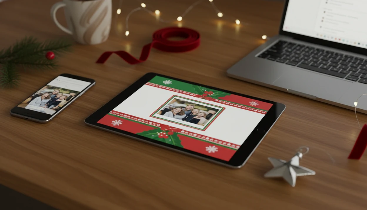 A phone photo becomes a festive digital Christmas card ready to send from a cozy desk.