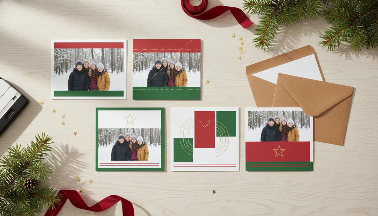 A desk shows one winter family photo adapted into several Christmas card layout proofs.