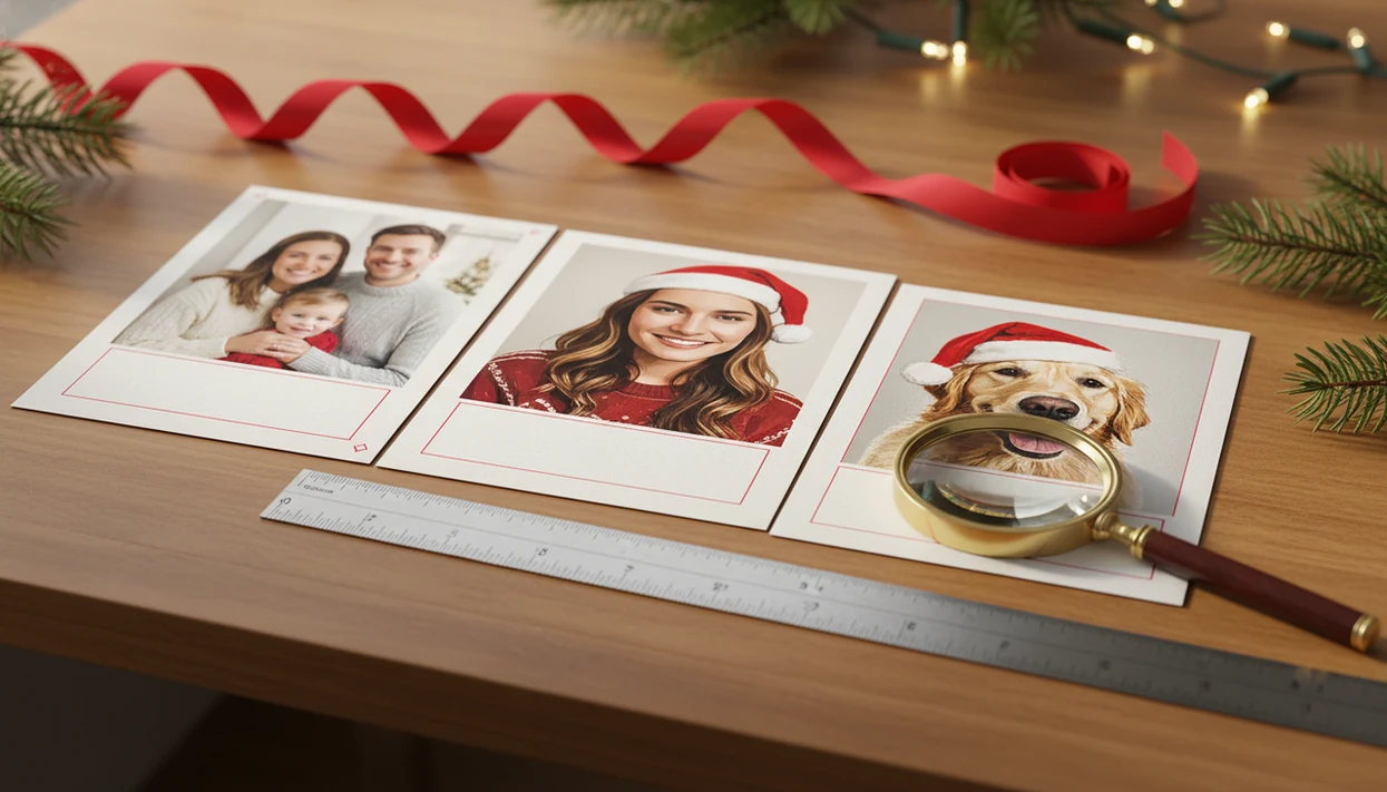 Christmas card print proofs are reviewed with a magnifying glass, ruler, and holiday desk details.