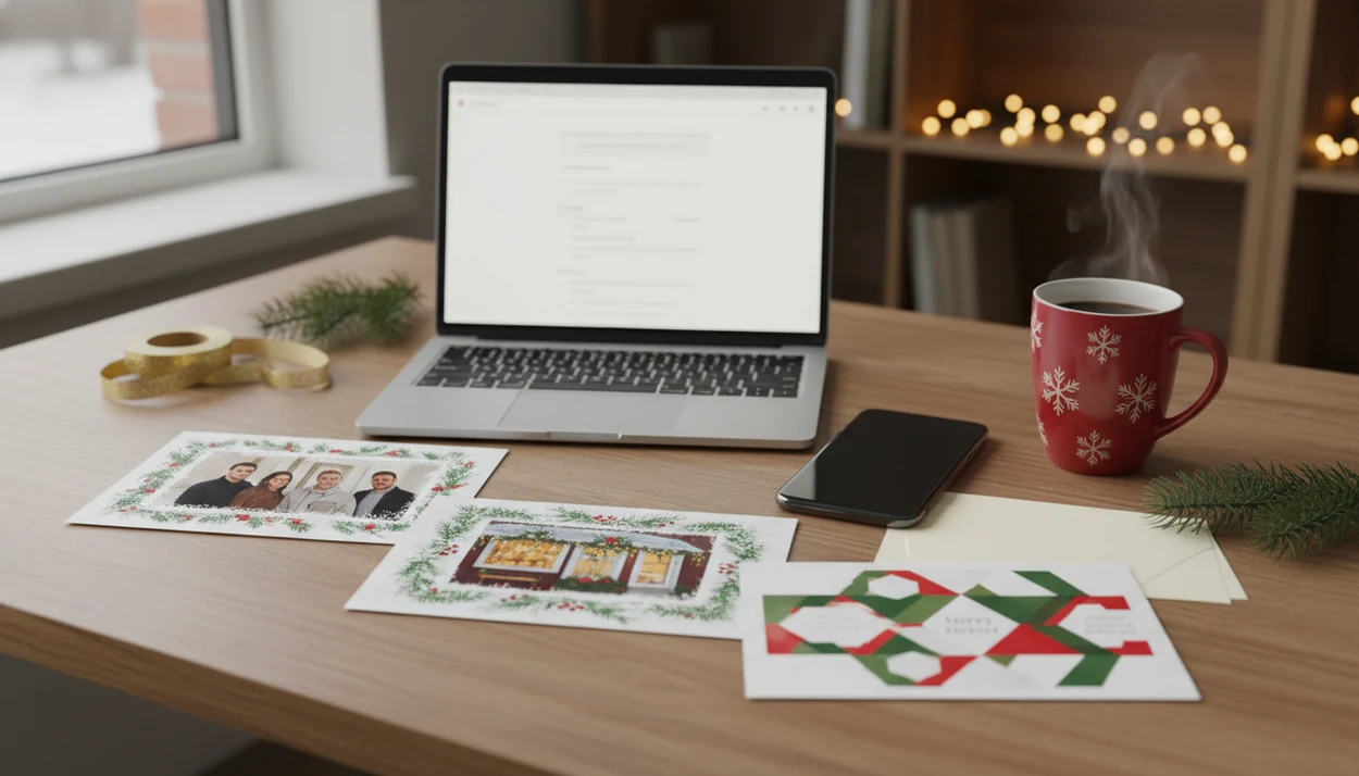 A business desk with a phone, laptop, and printed Christmas card proofs ready for client greetings.