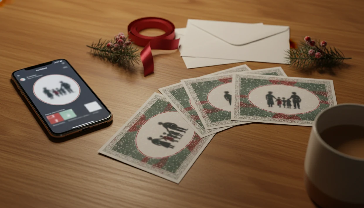 A phone, printed holiday photo cards, envelopes, and pine sprigs are arranged on a cozy dining table.