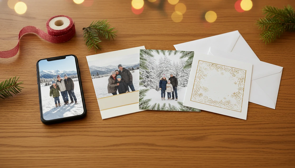 A phone photo beside several finished Christmas card proofs on a festive wooden table.