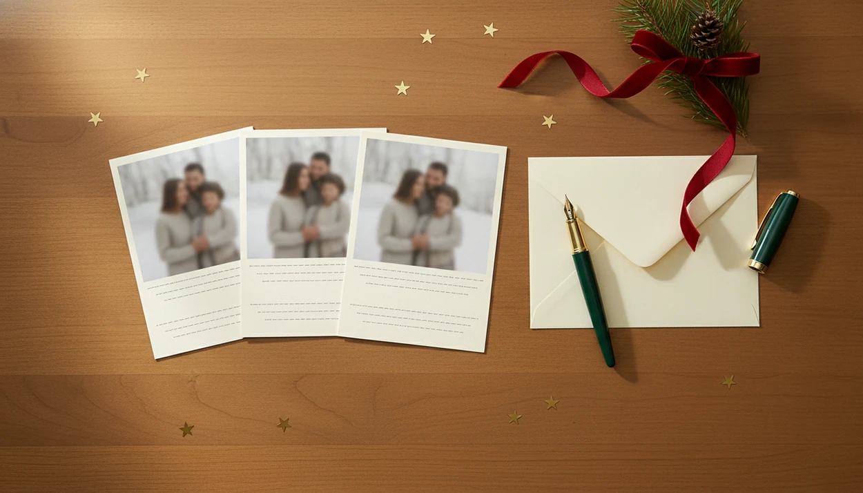 Holiday photo card drafts, envelopes, and a pen arranged on a festive wooden writing table.