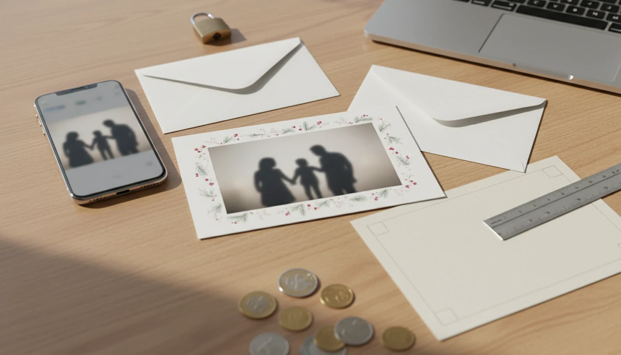 A desk shows a Christmas photo card workflow with envelopes, phone, ruler, lock, and coins.