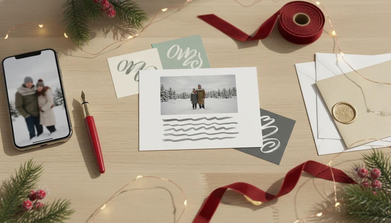 A holiday card draft, phone photo, envelopes, and message swatches arranged on a festive desk.