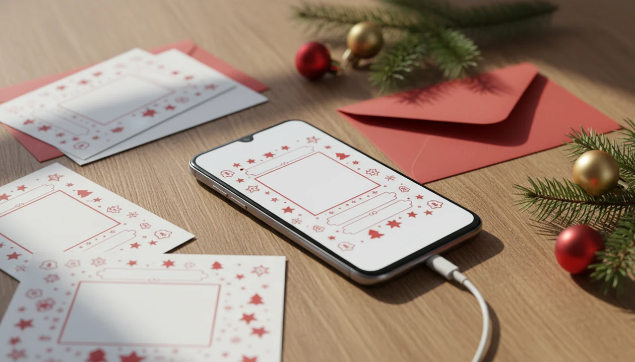 An Android phone on a holiday workspace showing a Christmas card design ready to export.