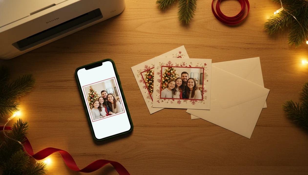 A phone, printed Christmas cards, envelopes, and a printer arranged on a warm holiday table.