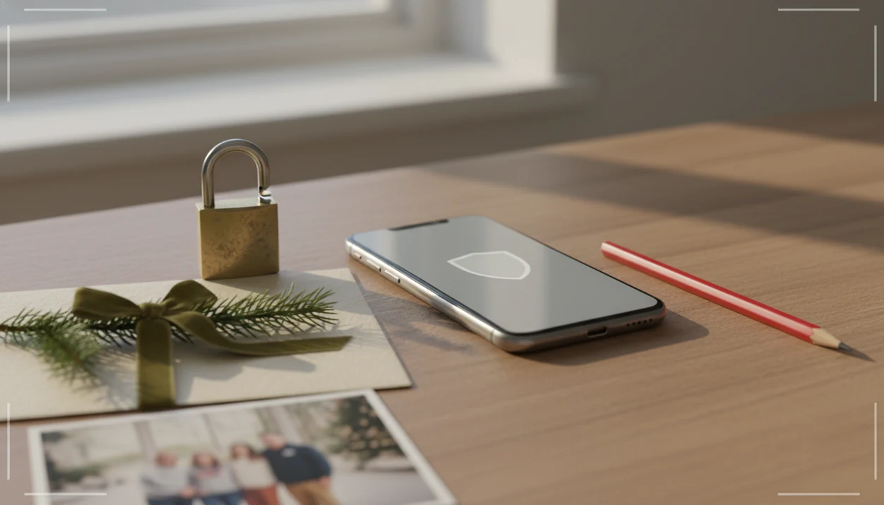 A phone, face-down holiday photo, padlock, and evergreen suggest safer AI Christmas card uploads.