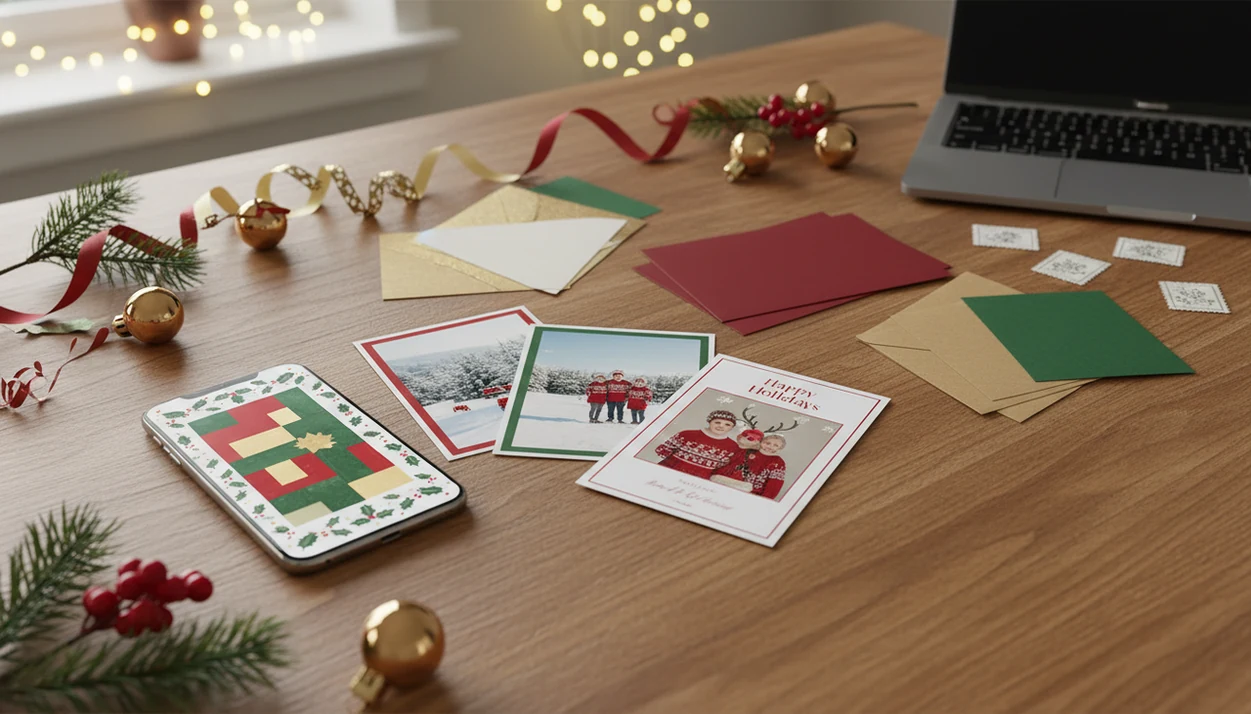 A phone, printed holiday cards, envelopes, and cardstock show app and printer card options on a table.