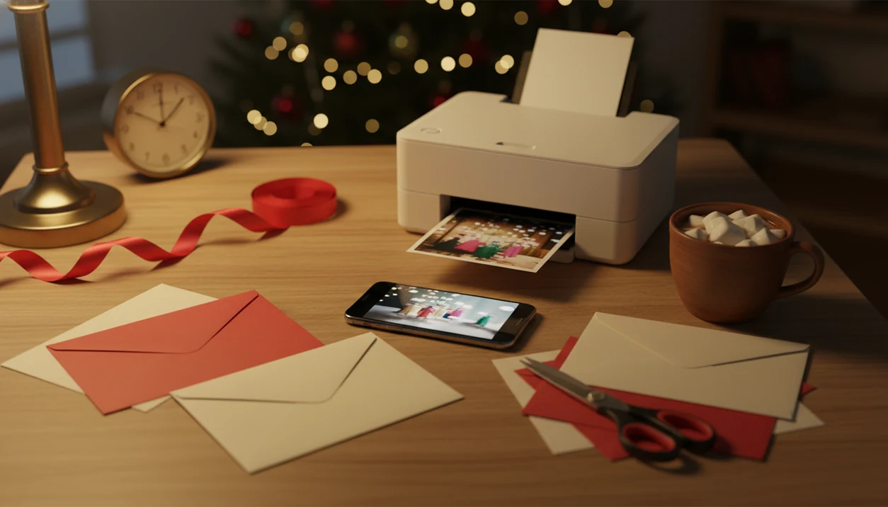 A late-night table setup shows a phone, printer, envelopes, and finished Christmas cards ready to send.