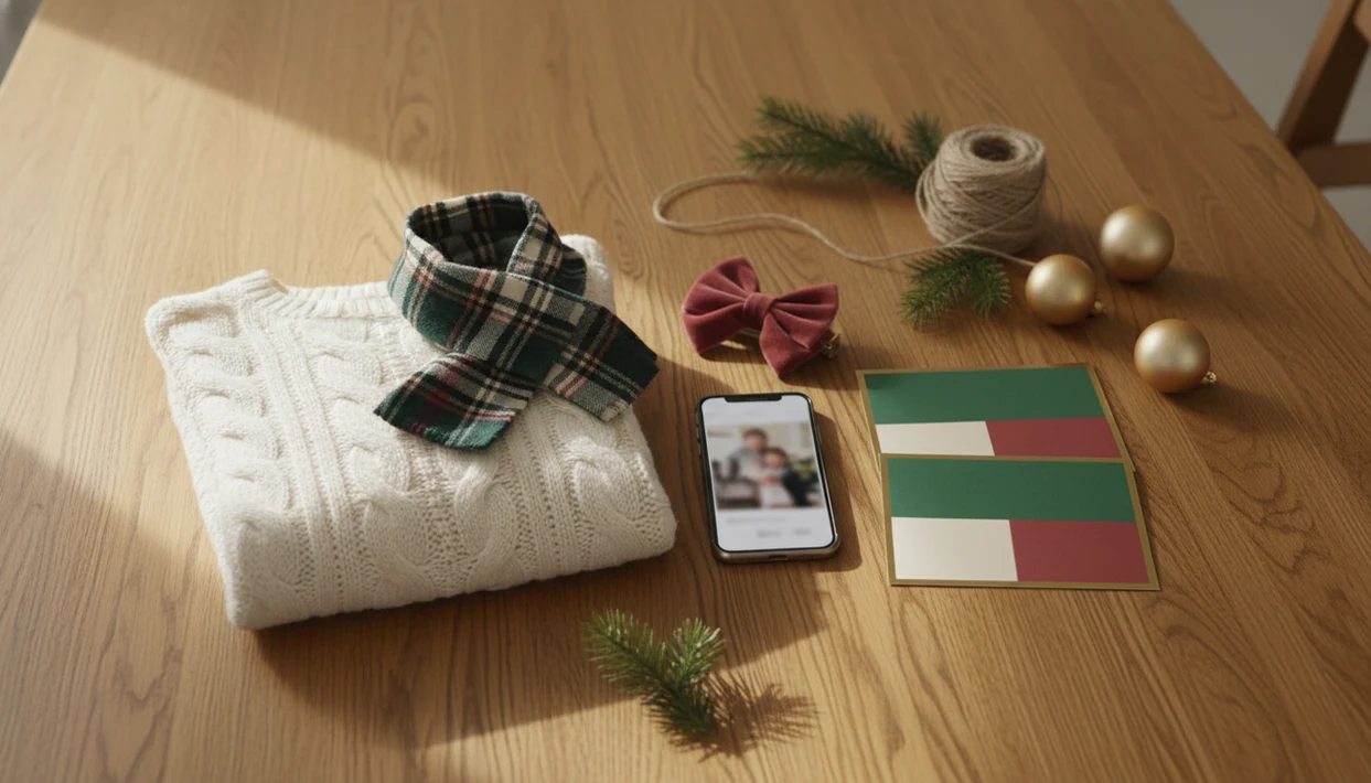 A coordinated Christmas card planning flat lay with outfits, a phone photo, blank cards, pine, and ornaments.