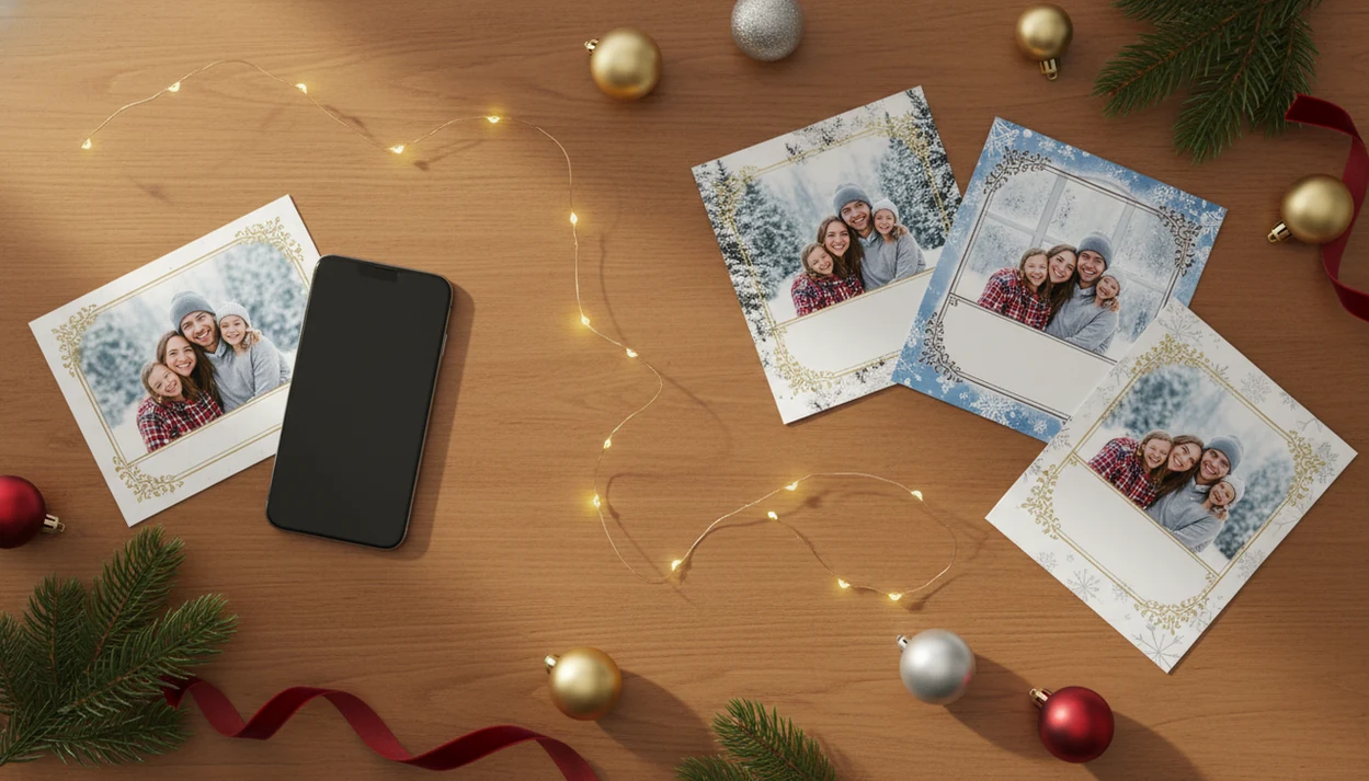 A single family photo is shown transforming into several festive Christmas card designs on a desk.