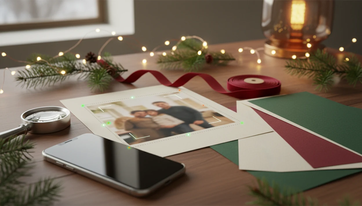 A phone photo is visually checked beside a printable Christmas card layout on a festive desk.