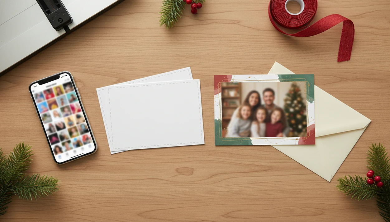 A phone, printed holiday cards, envelopes, and trim tools arranged as a print-ready card workflow.