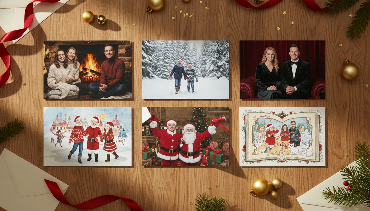 A table shows one family photo surrounded by varied AI Christmas card style proofs.