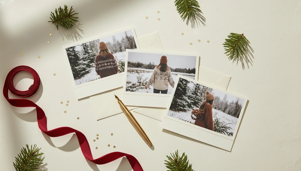 Printed Christmas photo cards with small blank greeting spaces are arranged on a festive desk.