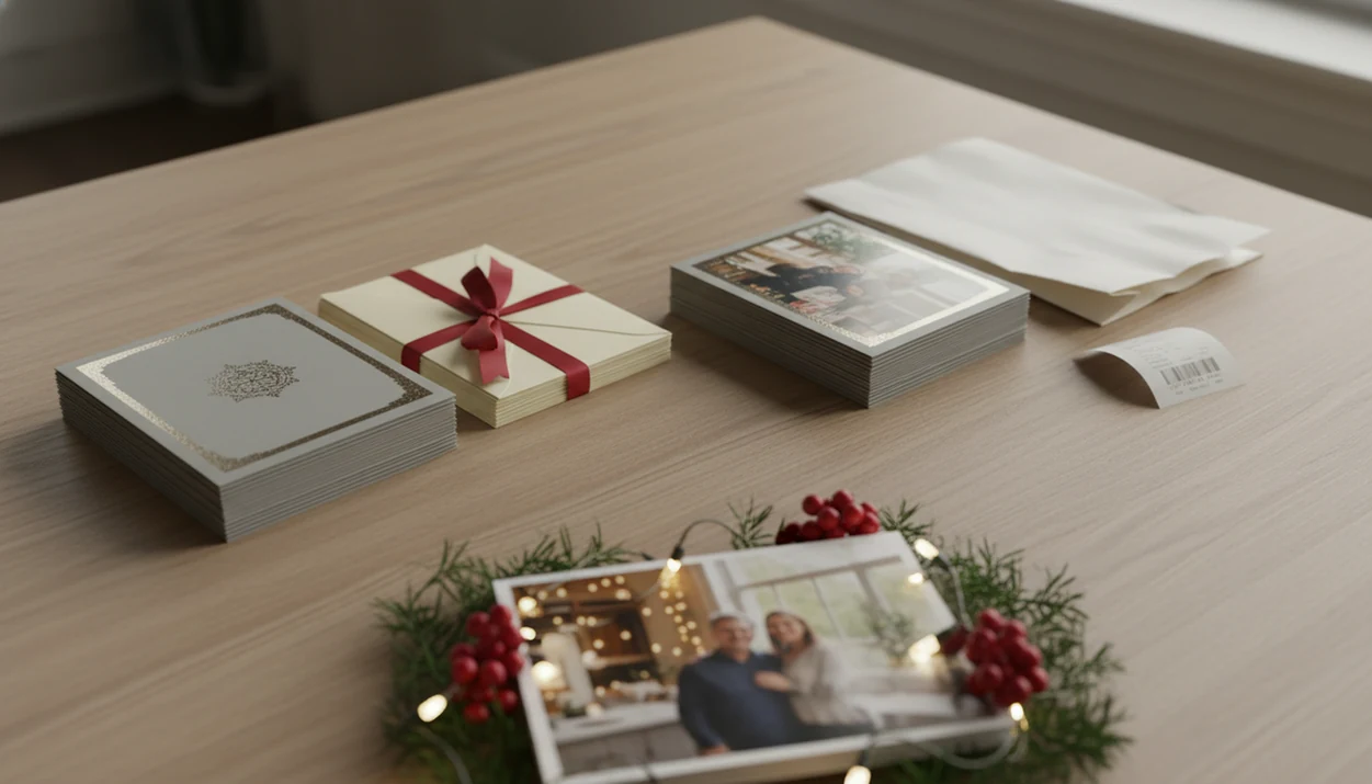 Two styles of printed Christmas cards are compared on a festive tabletop with envelopes and pickup packaging.