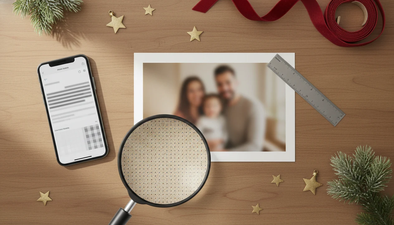 A holiday card proof, phone, ruler, and magnifying loupe arranged to check print photo resolution.